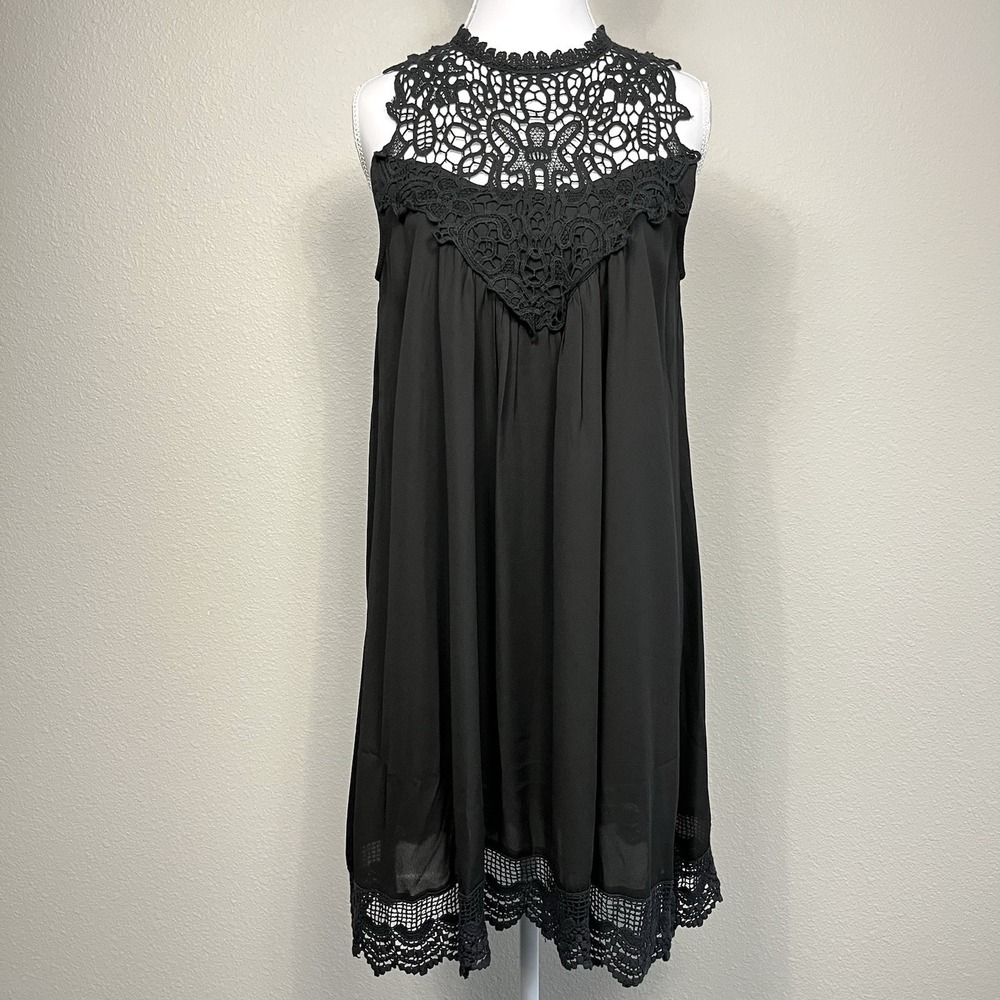 Jodifl Womens Sleeveless Halter Neck‎ Crochet Lace Mini Dress Small Black Boho